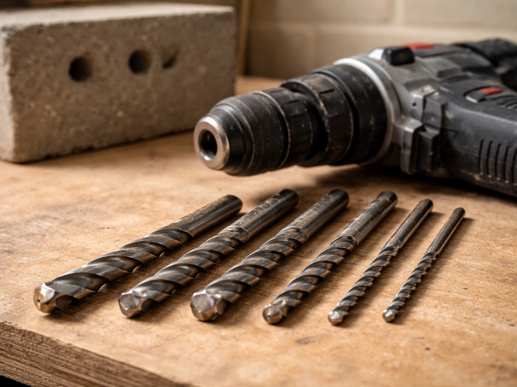 Rotary hammer drill with carbide-tipped masonry bits on a workbench, with bit sizes clearly visible
