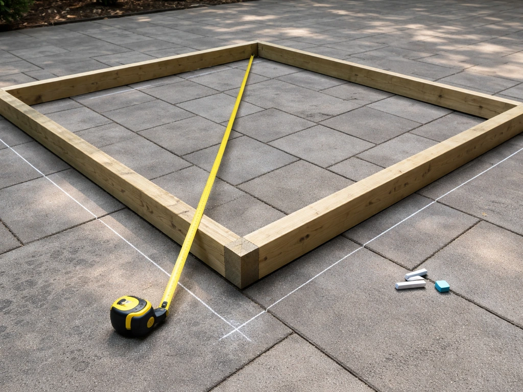 Gazebo base frame on a patio with chalk lines and diagonal tape measure marking post corners