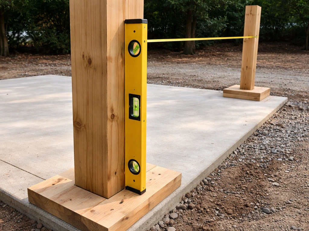 Close-up of a 4-foot level checking a gazebo post and measuring spacing between posts at base and top.