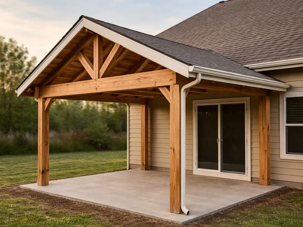 Completed gable-roof patio cover attached to a house, showing roof pitch and clean drip-edge detailing.