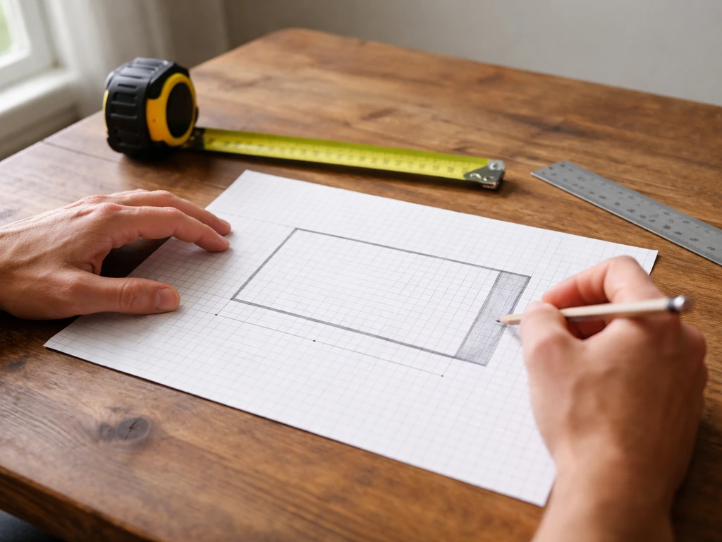 Hands drawing a to-scale patio footprint on graph paper beside a tape measure and ruler near a window