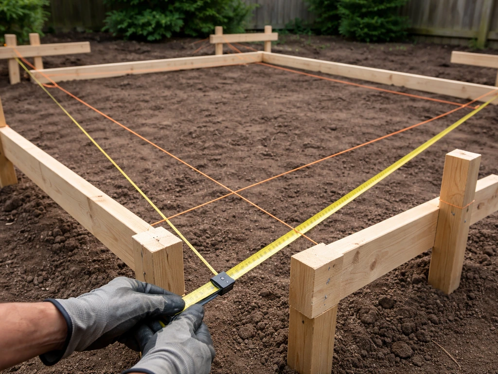 Builder uses batter boards and string lines with diagonal measurements to check a patio cover frame is square