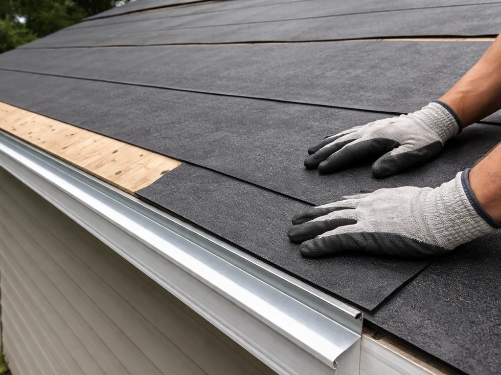 Close-up of roof sheathing with drip edge and underlayment layered along the eaves