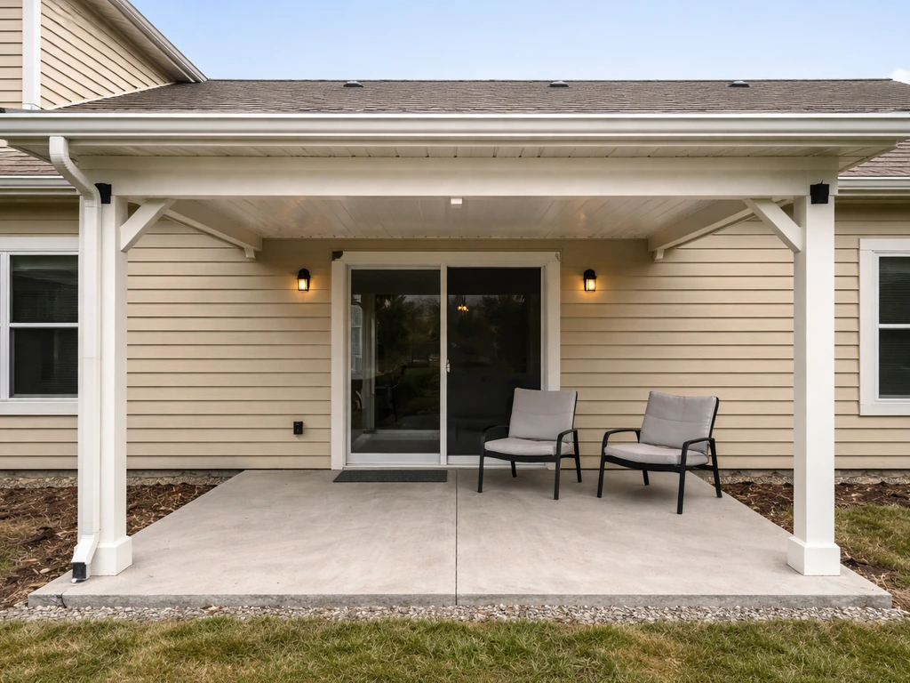Finished attached covered patio with visible roofline, viewed from patio toward the house.