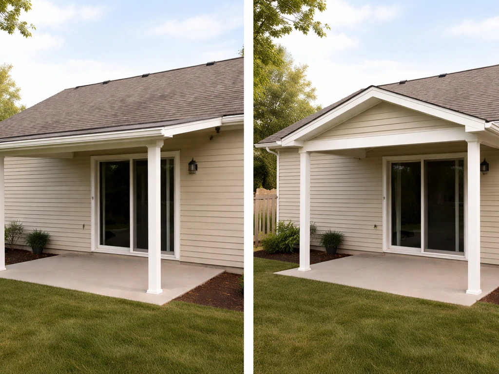 Side-by-side lean-to shed vs gable patio roof covers attached to a house.