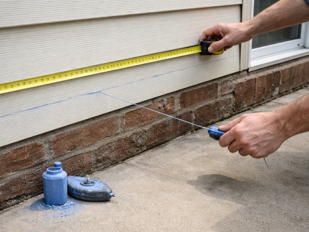 Close-up of tape measure and chalk line marking patio width and projection on an exterior wall.