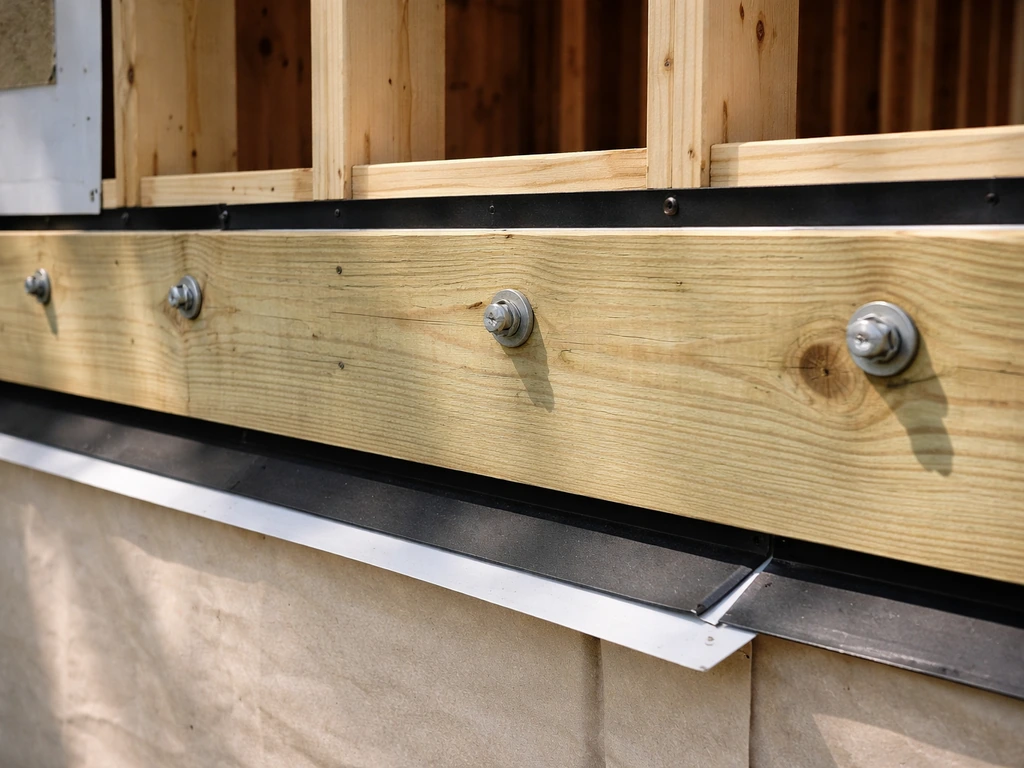 Close-up of a ledger board bolted to house framing with flashing and drip edge water detailing.