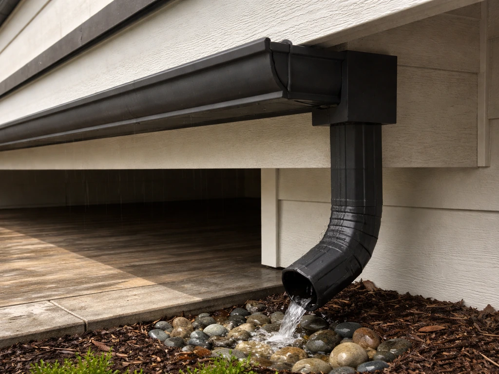 Close-up of a drip edge, gutter, and downspout channeling rainwater away from a patio.