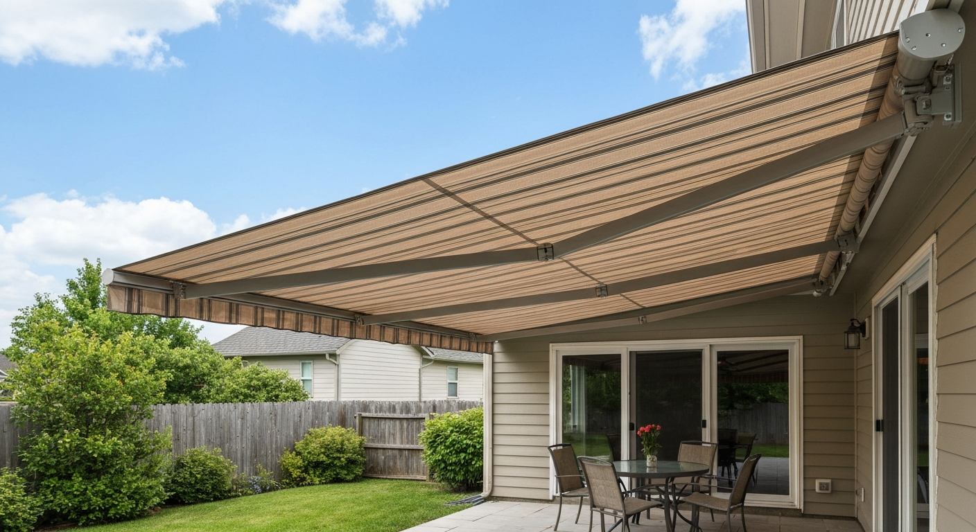 Retractable folding-arm patio awning extended over a patio, showing roller tube, folding arms, front bar, and wall mounting; no people.