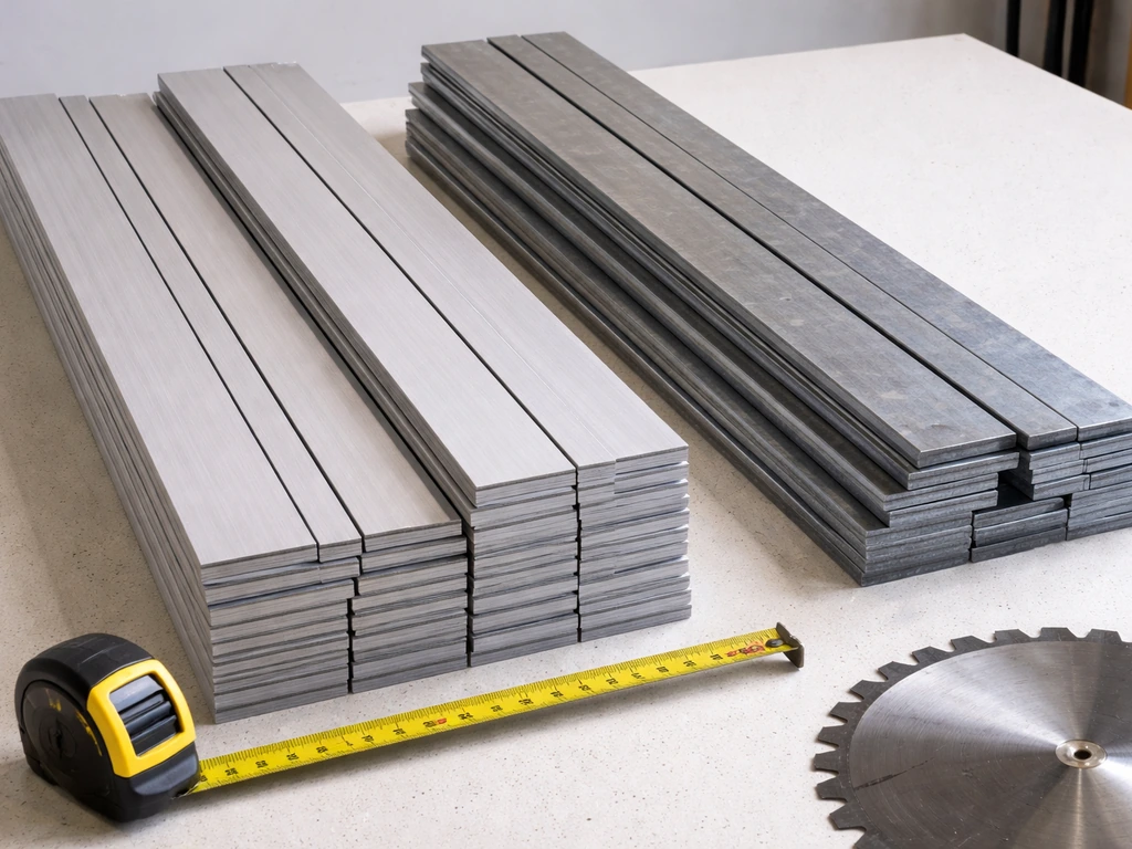 Close-up of aluminum and steel patio-cover materials on a workbench with a tape measure and cutting blade.