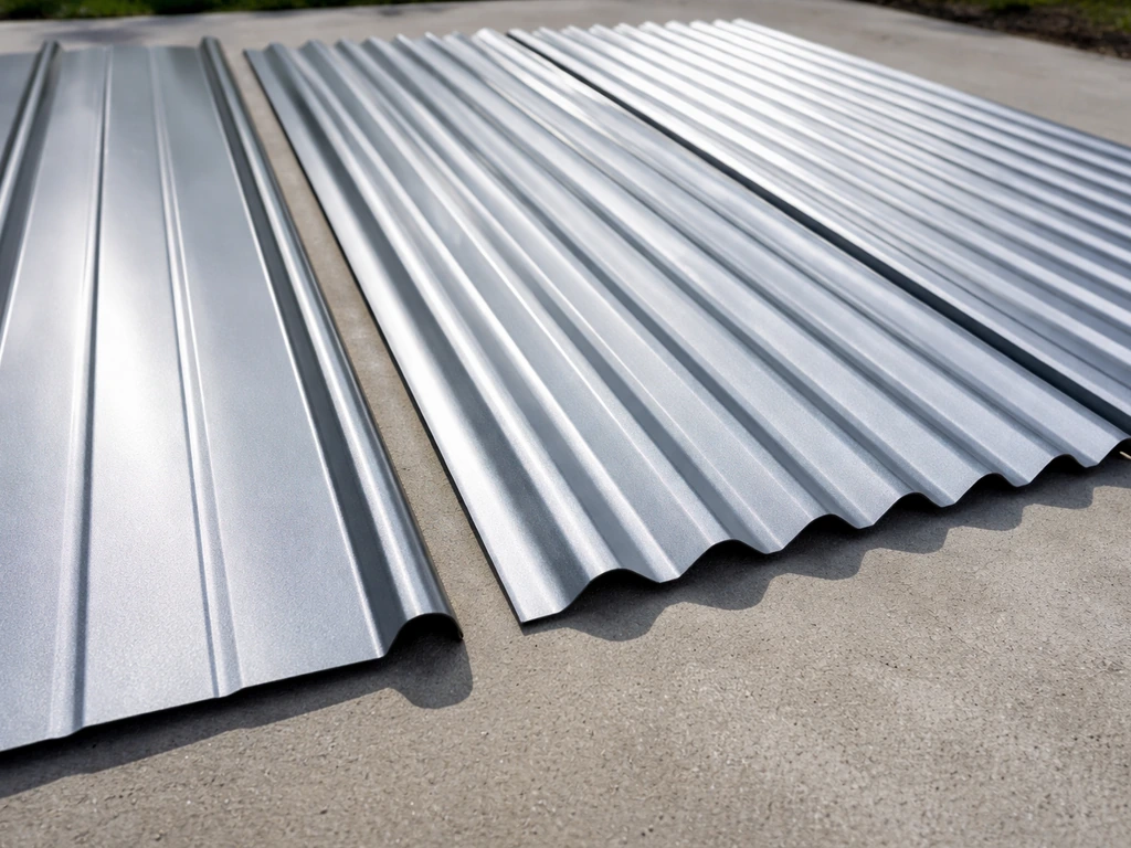 Three aluminum roofing panels side by side showing solid, corrugated, and ribbed textures.