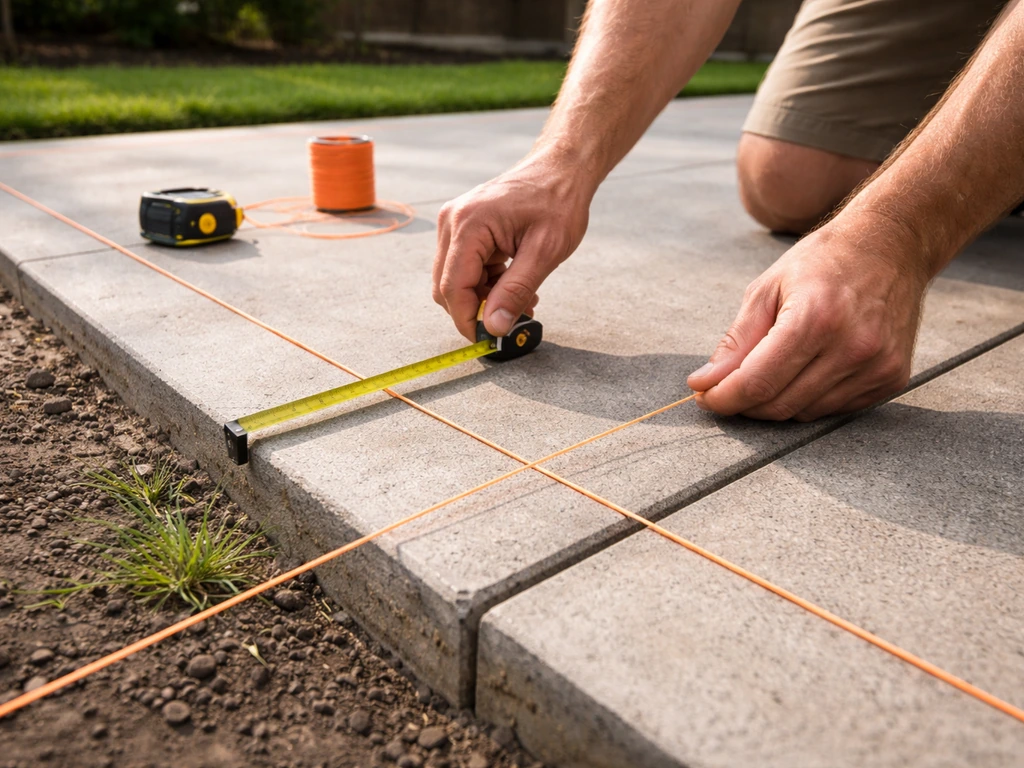 Hands measure a patio slab with a tape and taut strings marking width and depth for overhang.