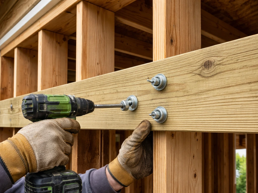 Builder fastening a roof ledger to house framing with visible fasteners and correct alignment