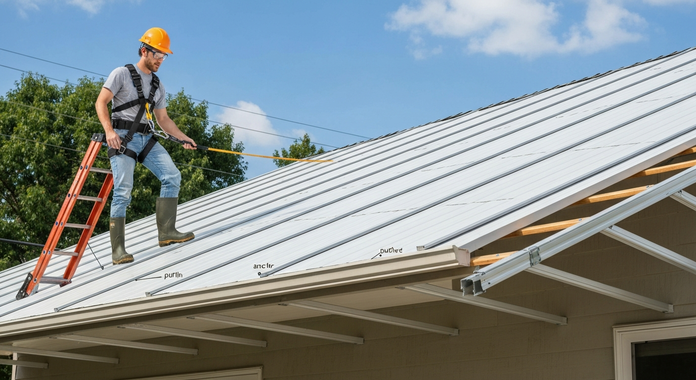 Homeowner wearing a safety harness stepping directly over a purlin on an aluminum patio roof, with ladder, walkboard, and anchor visible.
