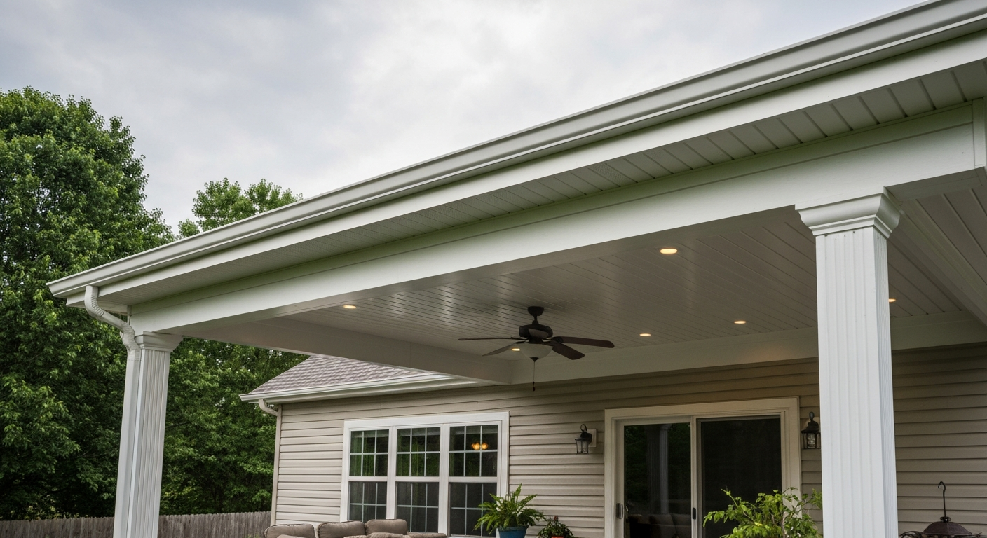 Freshly updated aluminum patio cover with new paint, trim, gutters, and ceiling fan over a patio.