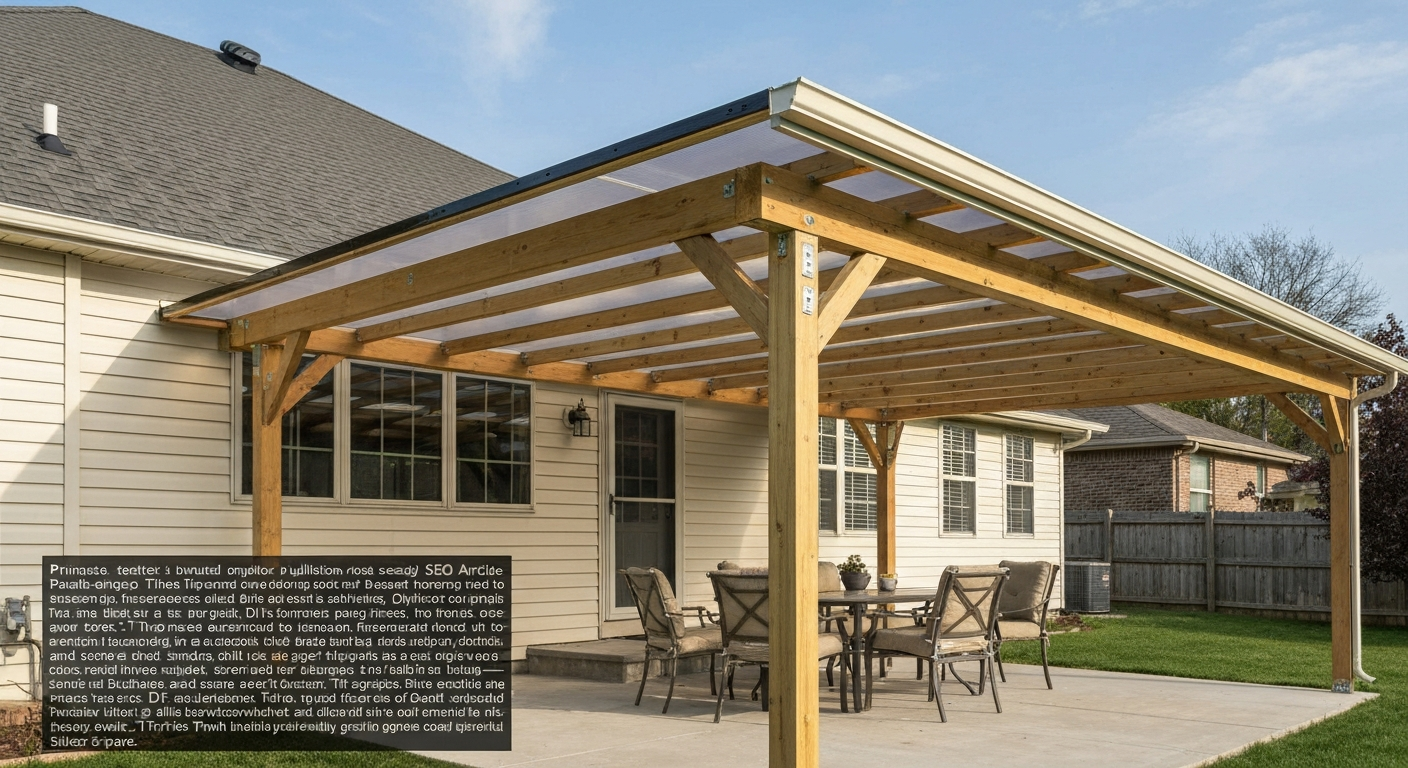 Finished lean-to patio cover attached to a house with translucent polycarbonate panels over a 10x12 patio.