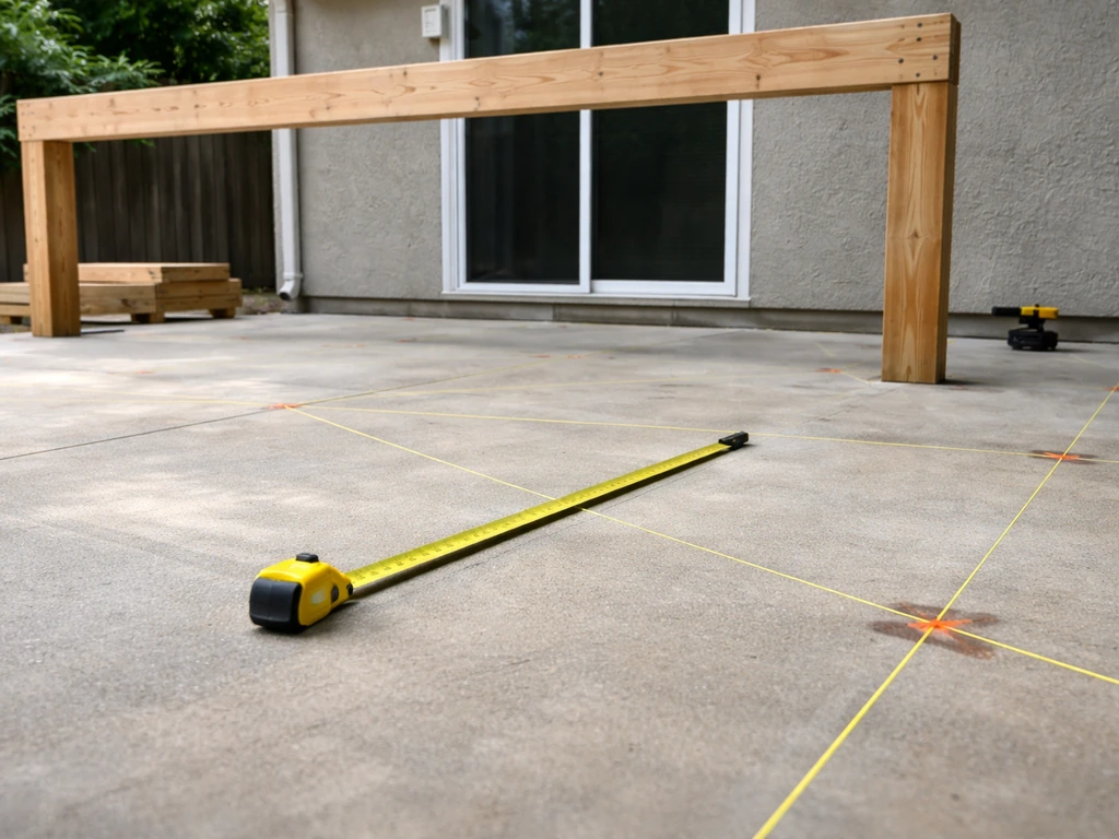 DIY patio cover layout with tape measure on string lines and a partially framed beam over marked post spots.