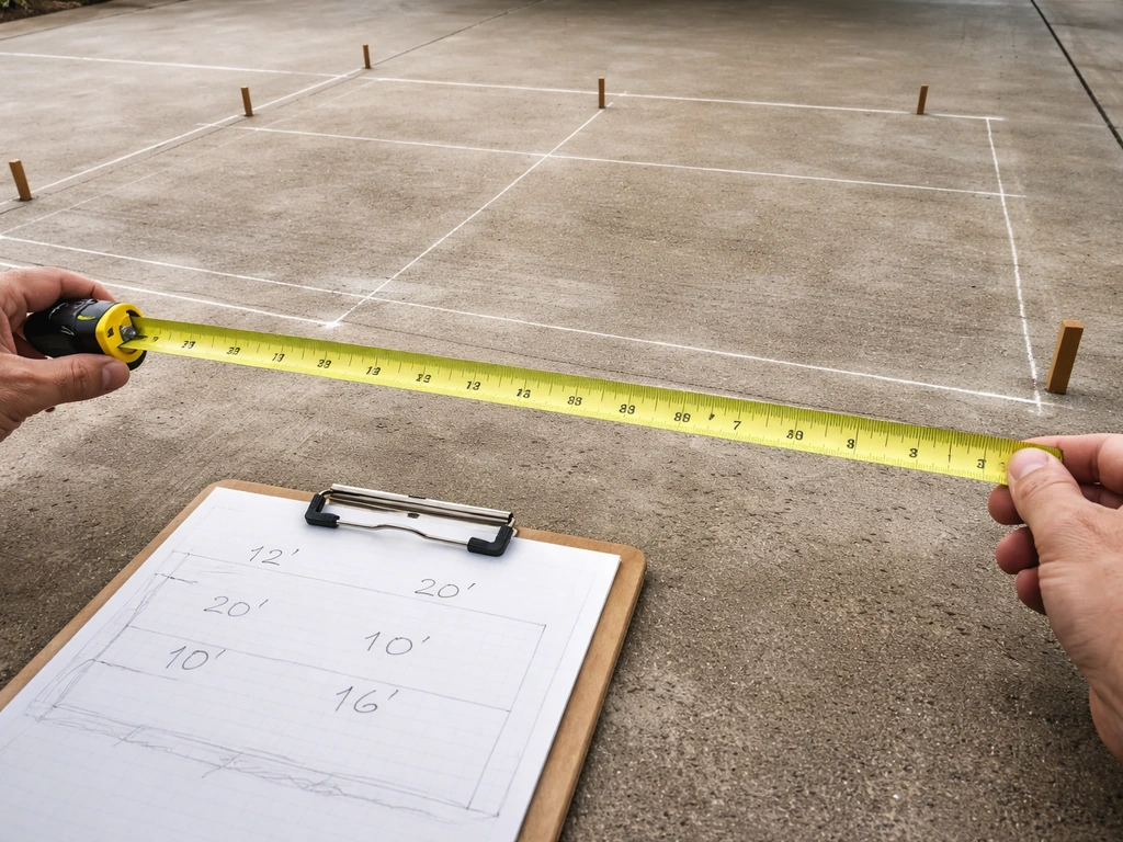 Close-up of a tape measure measuring patio cover layout over a marked ground grid.