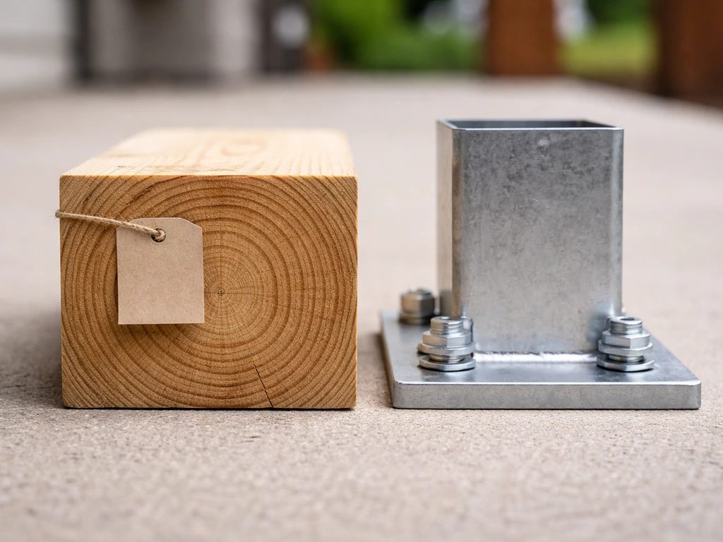 Close-up comparison of a 3.5-inch wood post and a metal post/base section in a simple outdoor setting.