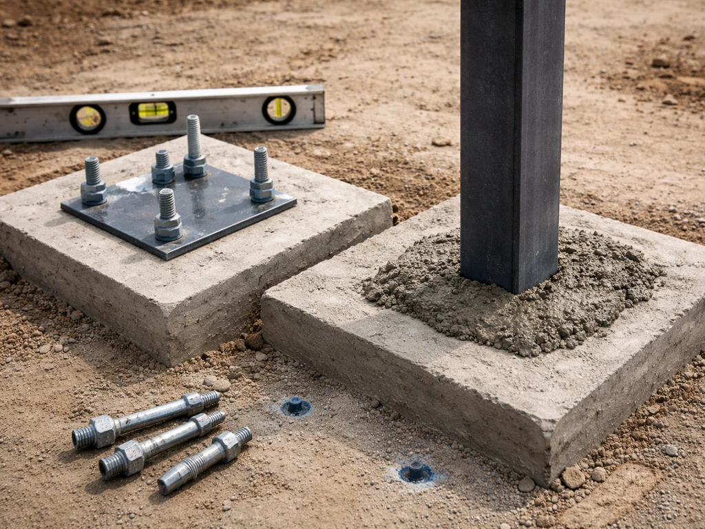 Concrete footing comparing surface-mounted post base with anchor bolts versus embedded post in concrete.