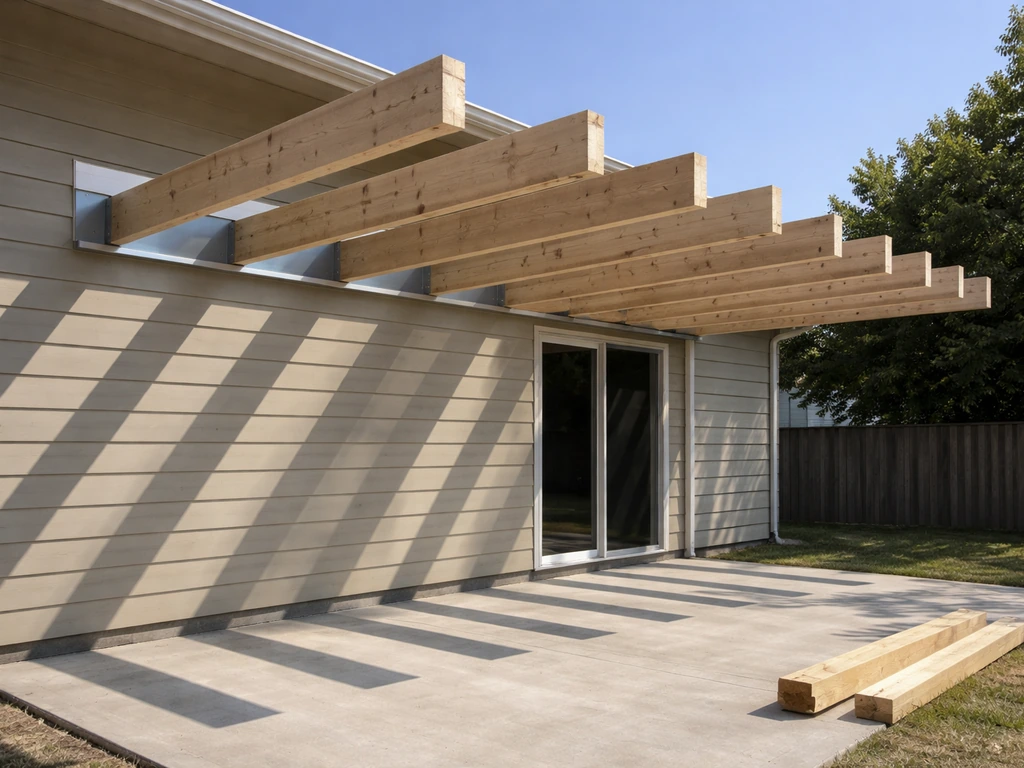 Cantilever patio cover under construction with ledger and projecting framing over a patio, no posts.