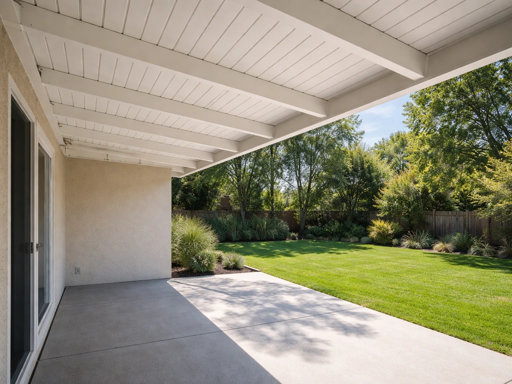 Side view of a house with an attached cantilever patio cover extending outward without outer posts.