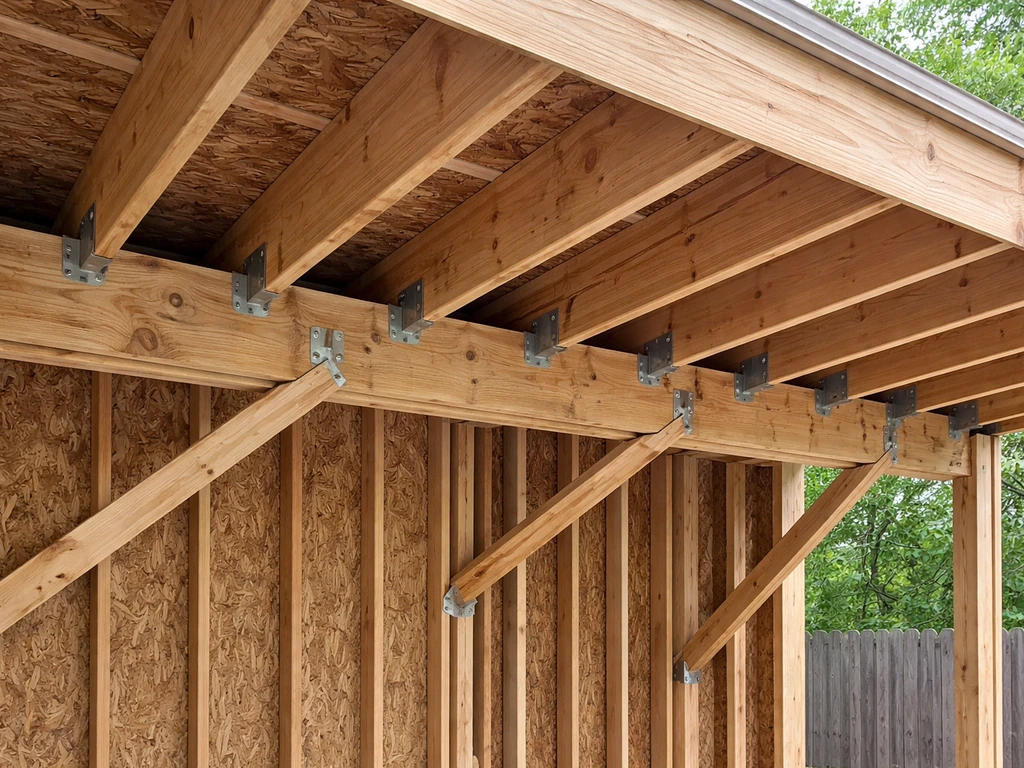 Minimal view of roof framing: ledger bolted to studs, cantilever rafters, and diagonal bracing brackets.