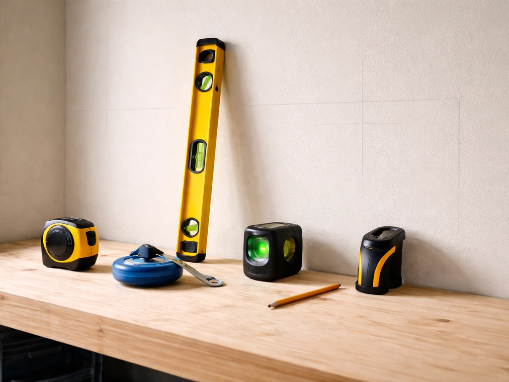 DIY measuring tools laid on a bench with a 4-foot level and chalk layout lines on a wall.