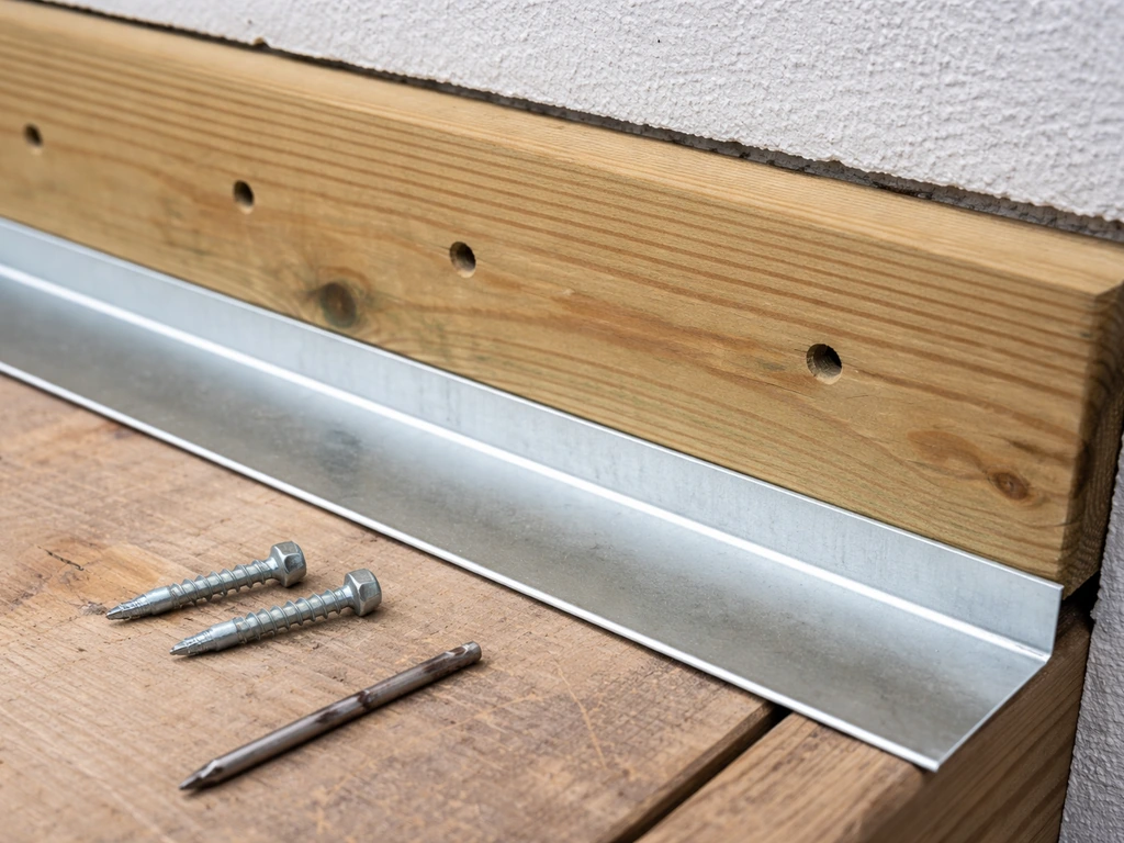 Close-up of base Z-flashing beneath an aligned ledger board with pre-drilled fastening points ready to install.
