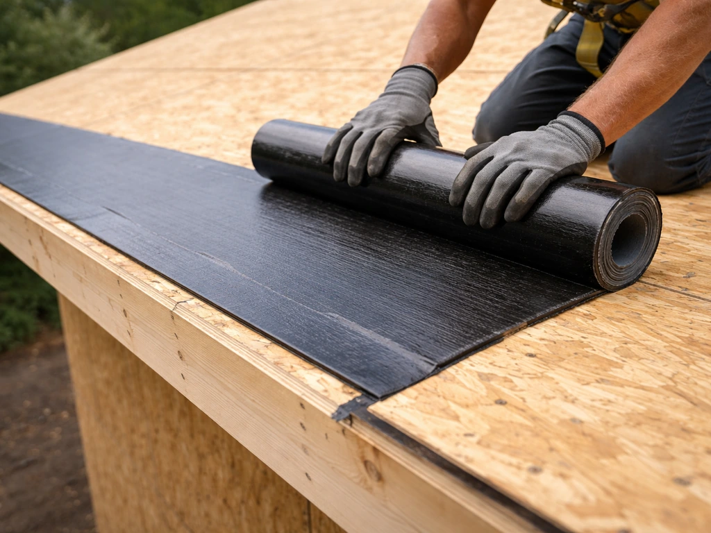 Close-up of roof decking panels with self-adhering underlayment laid at the edge toward a cantilever