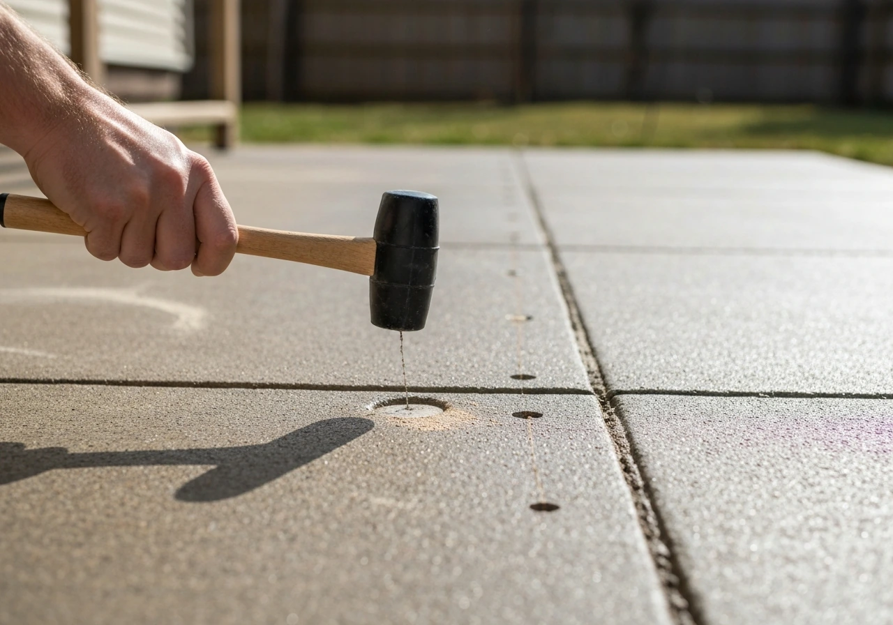 Hand with a rubber mallet knocking textured concrete patio slab at planned pergola post points.