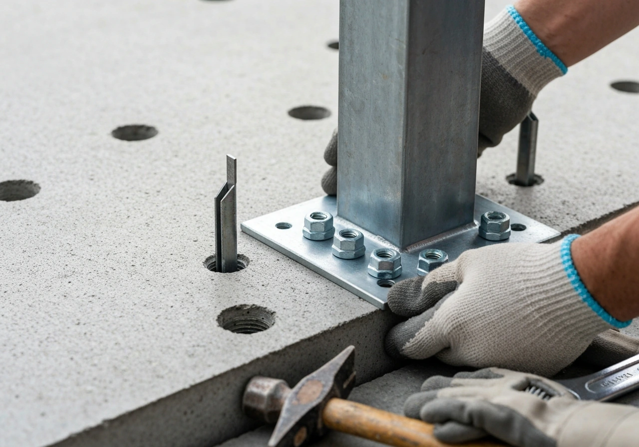 Close-up of a concrete slab with a surface-mount post base being seated onto wedge anchors.