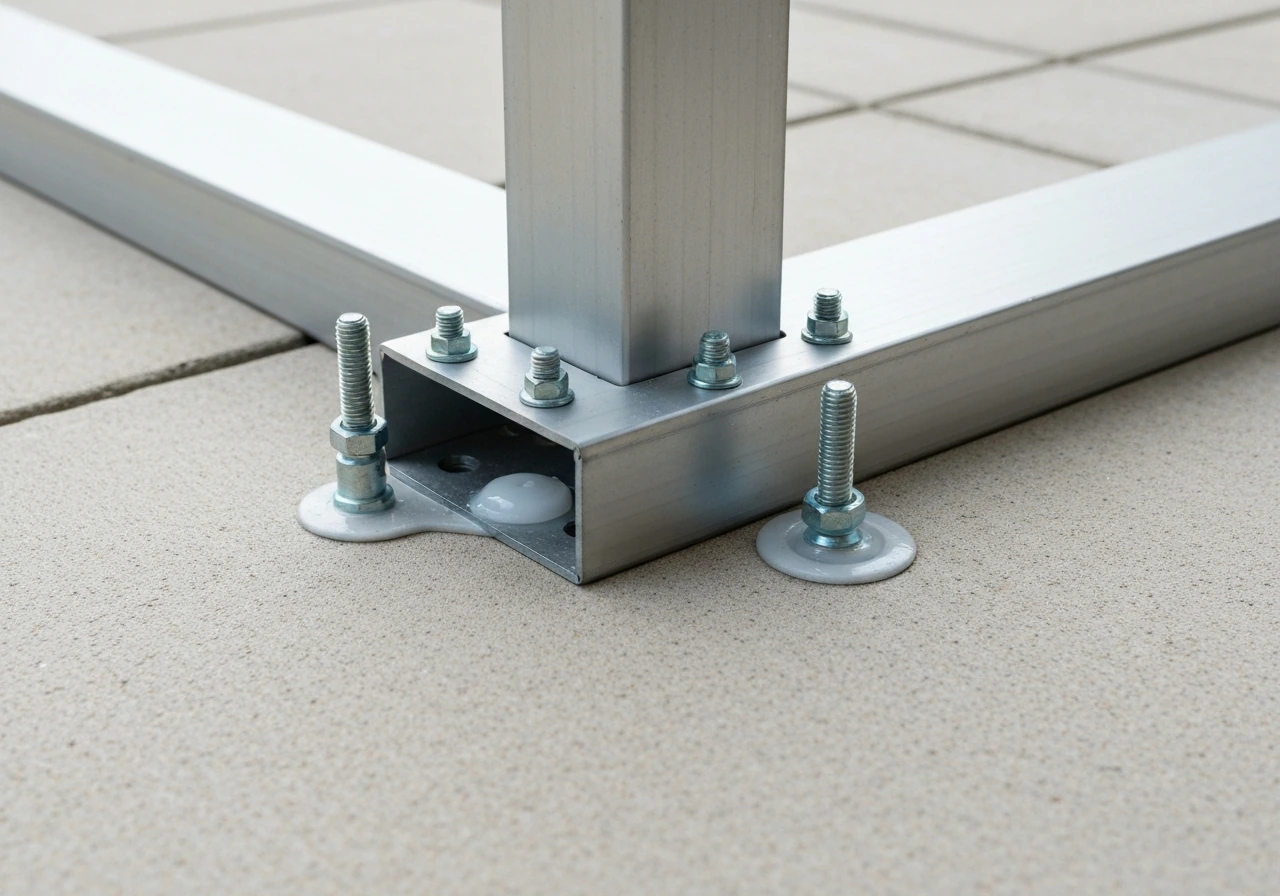 Close-up of anchored aluminum pergola base plates on a patio slab with expansion/epoxy anchors