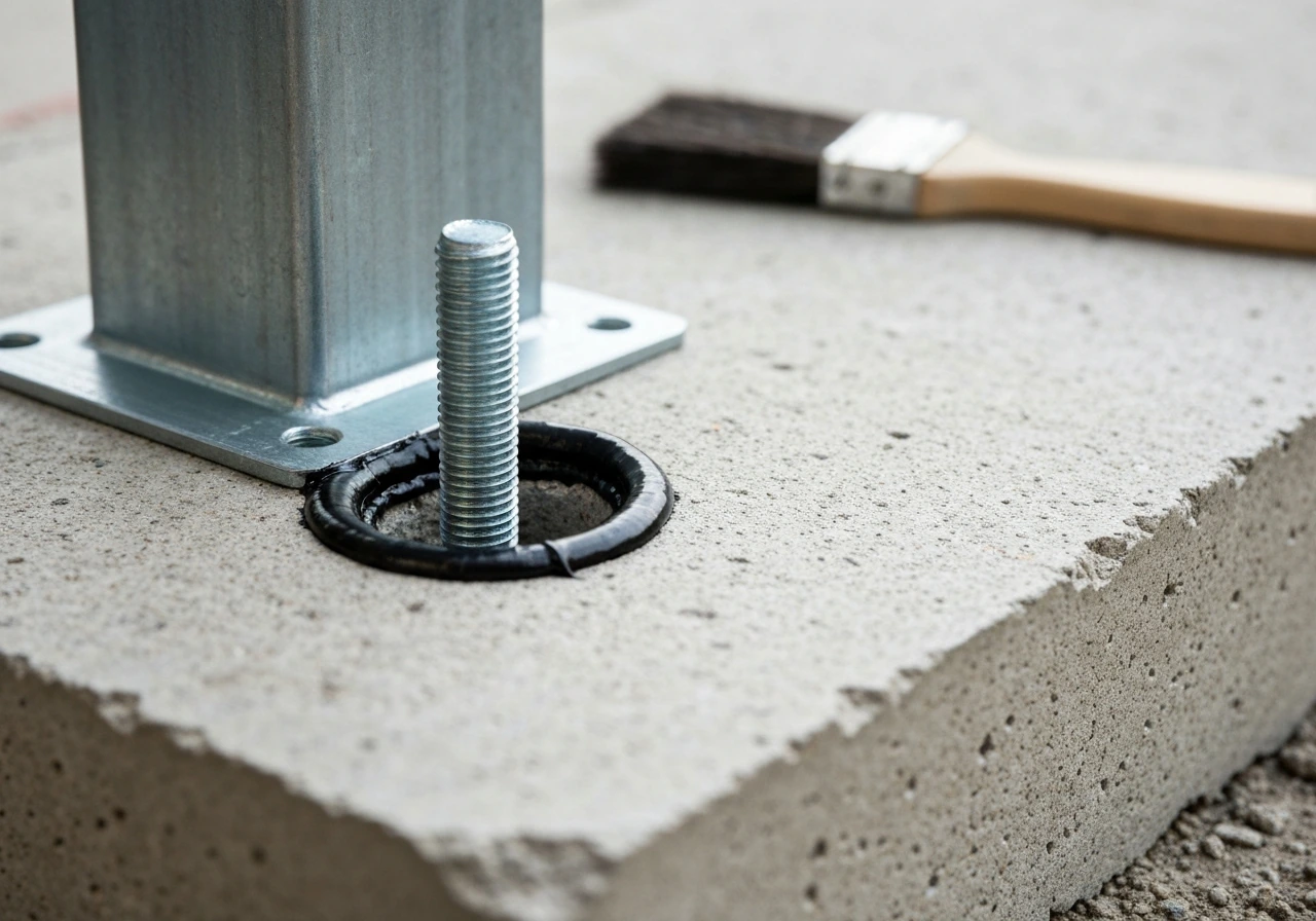 Contractor sealing drilled anchor holes and coating a pergola post base on concrete
