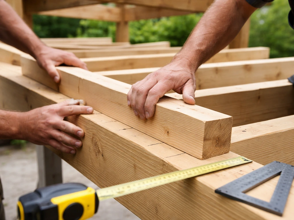 Close-up of patio cover rafters being measured and spaced with tape and framing square on the frame