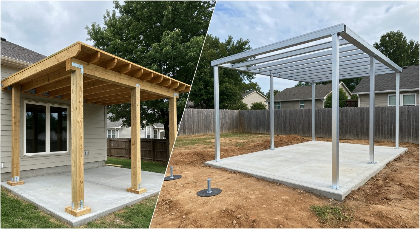 Split photo of ledger-attached and free-standing patio covers under construction showing wood, aluminum, and steel posts with visible footings and flashing.