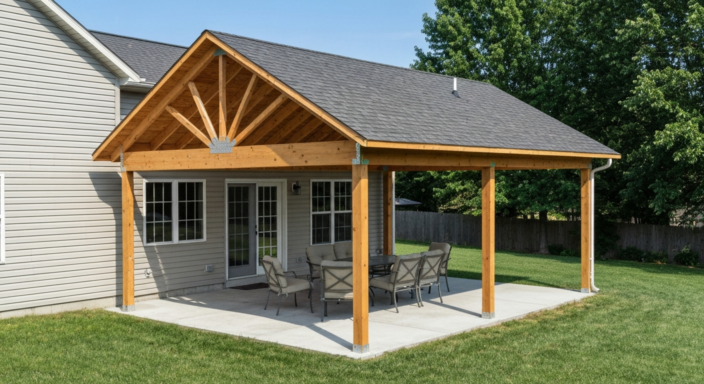 Photorealistic three-quarter view of an attached A-frame patio cover (gable roof) over a patio, showing ledger connection to the house, posts, beams, and furniture underneath.