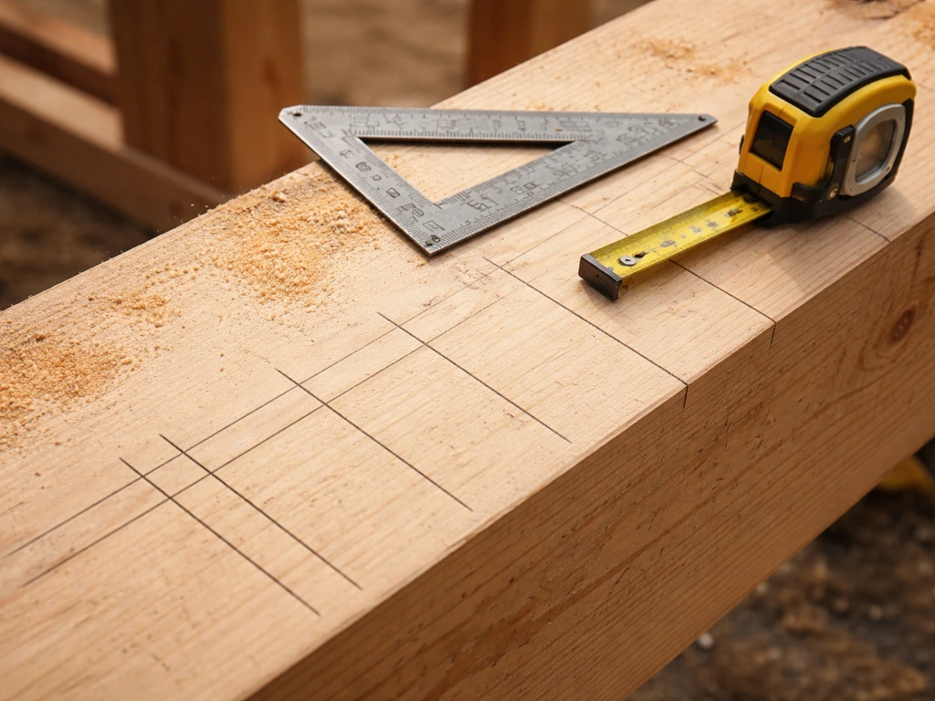 Close-up of a wooden beam with evenly spaced pencil layout lines for 16 and 24 in rafter spacing.