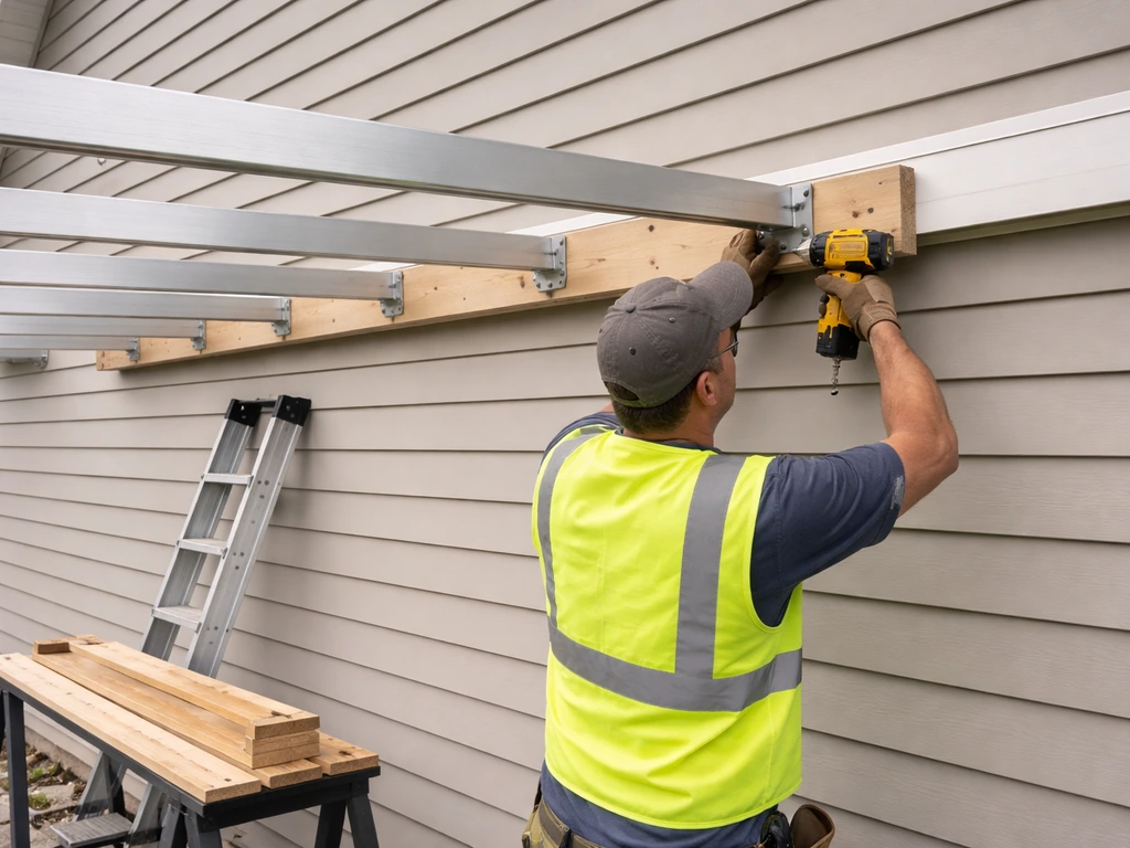 DIYer installing patio cover rafters on a home exterior, framed lean-to structure in progress