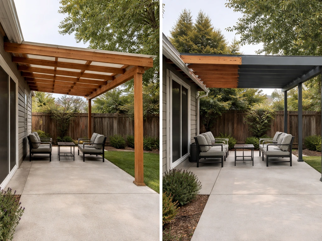 Side-by-side view of an attached lean-to patio cover and a freestanding one, with wood and metal cues.