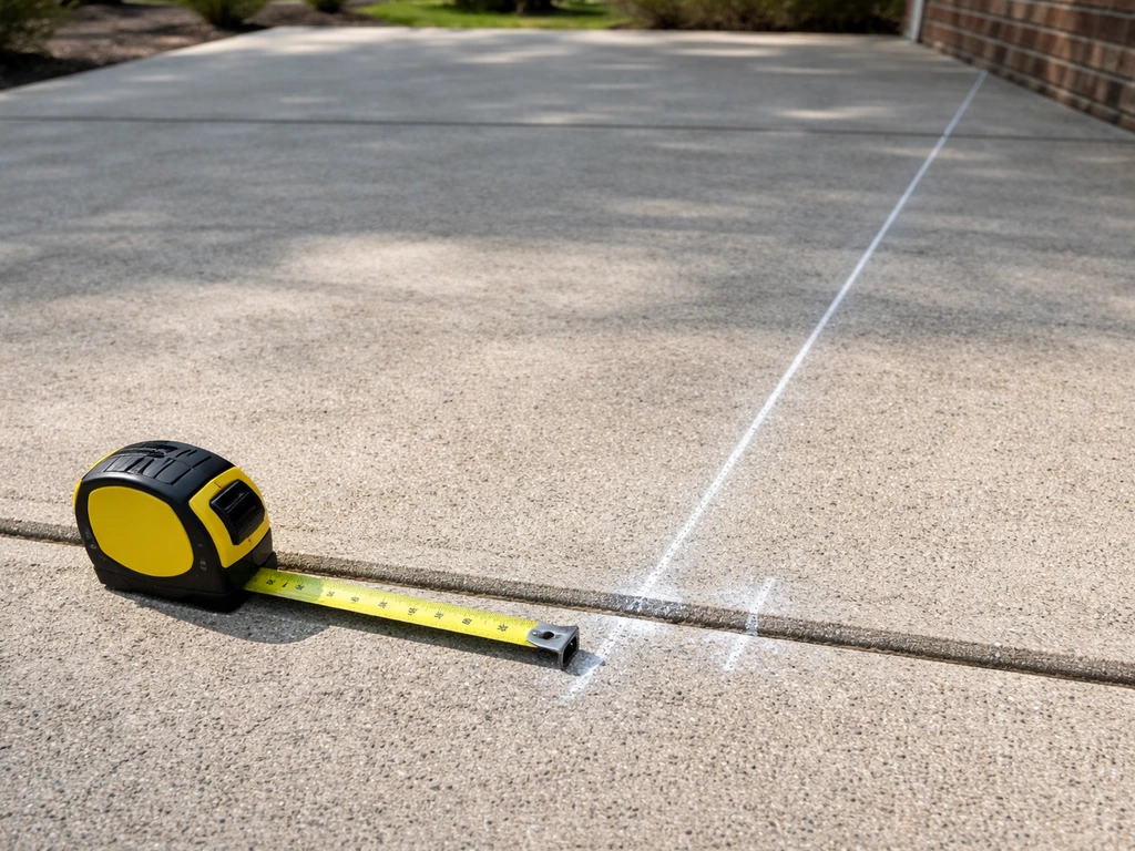 Close-up of chalk line marking patio dimensions and an attachment wall height point on a concrete surface
