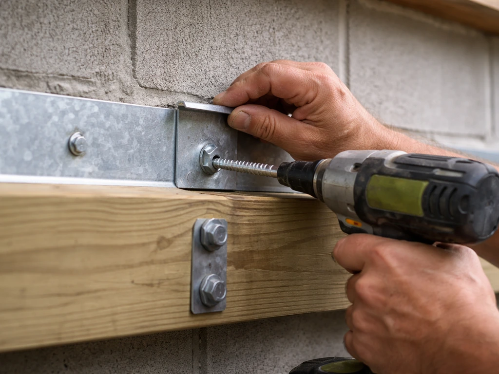 Hands installing a patio cover ledger on a wall with lag bolts and flashing at the connection point.