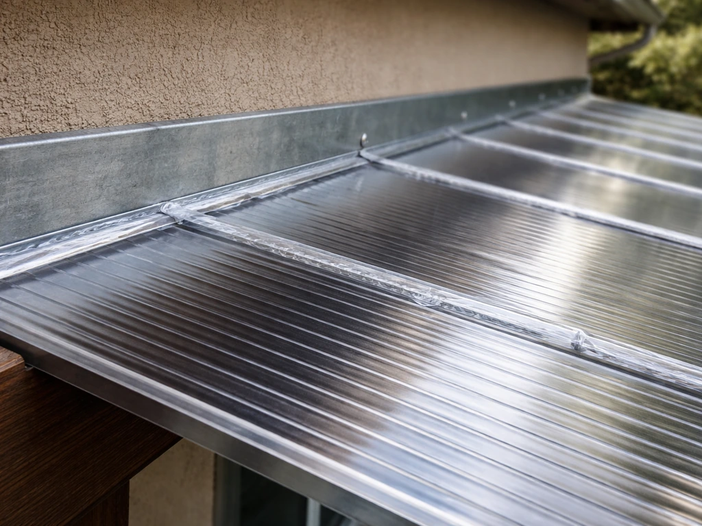 Close-up of patio roof panels with ledger flashing and sealed seams showing proper drainage slope.