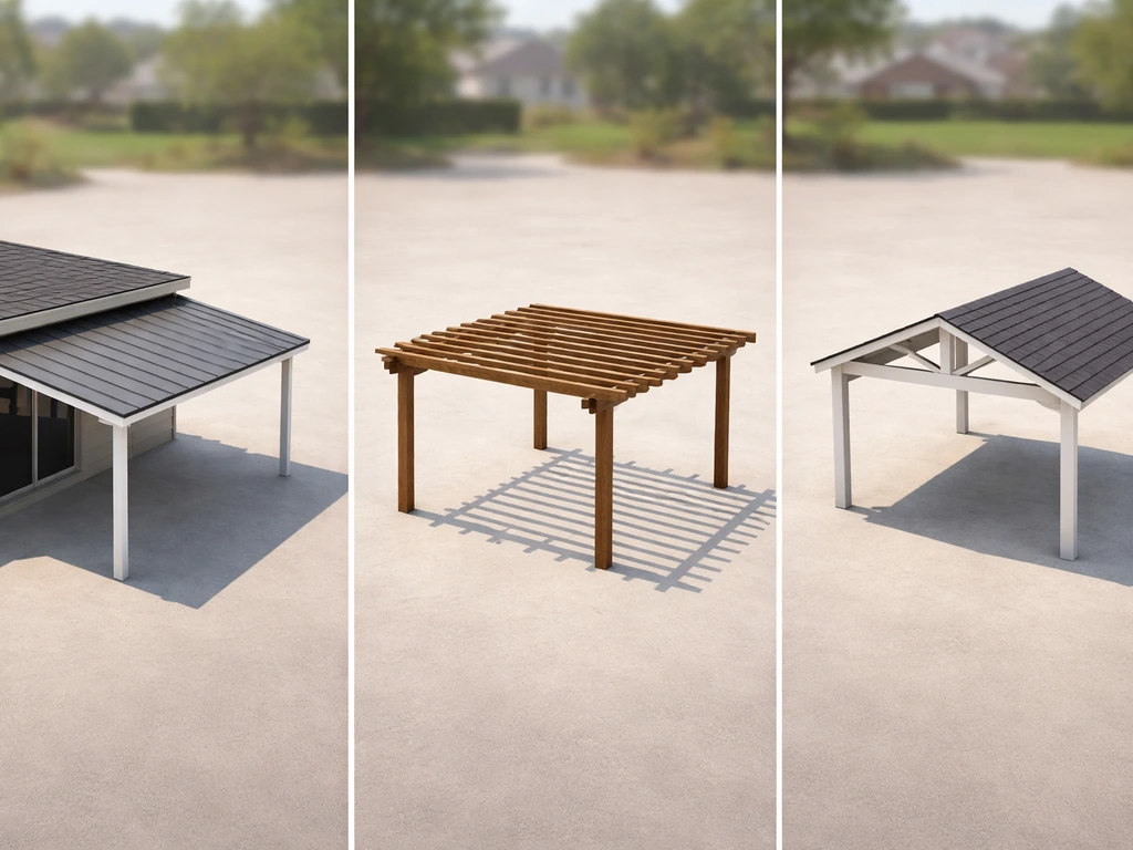 Side-by-side realistic patio cover silhouettes: lean-to, pergola, and gable roof styles.