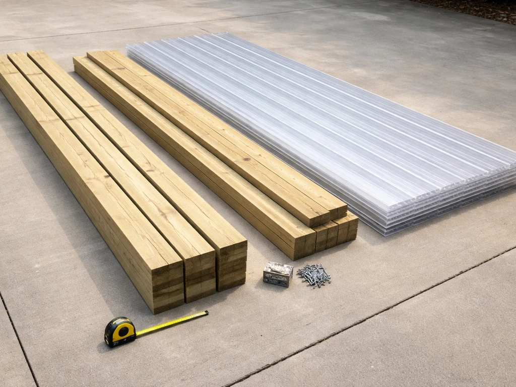 Neatly arranged patio cover lumber, posts, and twin-wall polycarbonate panels with a tape measure for scale.