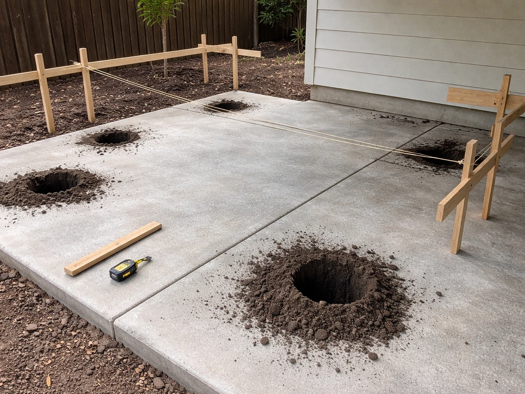 Wooden batter boards and string lines marking lean-to patio cover post locations beside fresh footing holes