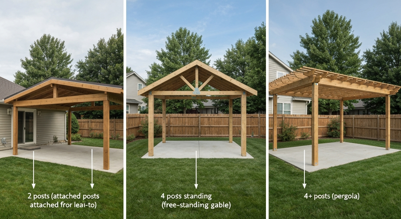 Composite photorealistic illustration of three patio cover types (attached lean-to with 2 posts, free-standing gable with 4 posts, pergola with 4+ posts) with labels indicating post counts.