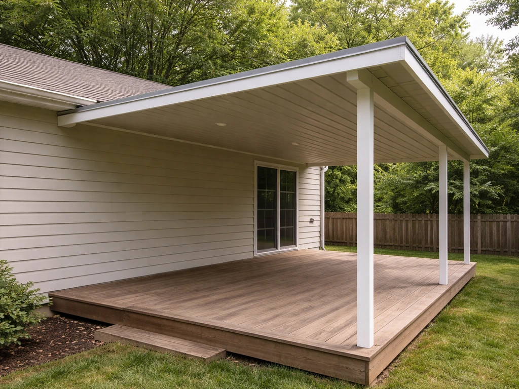 Lean-to single-slope patio cover over a deck with roof plane sloping from high to low.