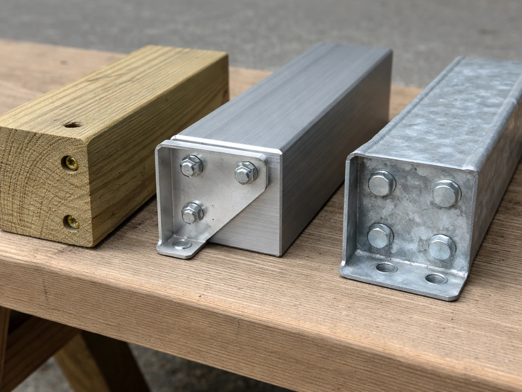 Side-by-side closeups of wood, aluminum, and metal deck framing pieces with realistic fasteners