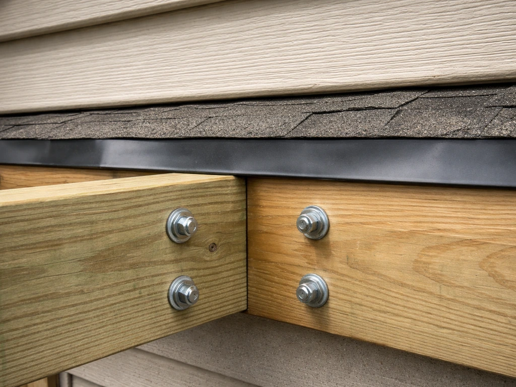 Close-up of a deck ledger board with flashing behind siding and roofing edge lap details visible.